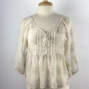 Abercrombie & Fitch boho sheer babydoll puff sleeve gold print blouse sz small.